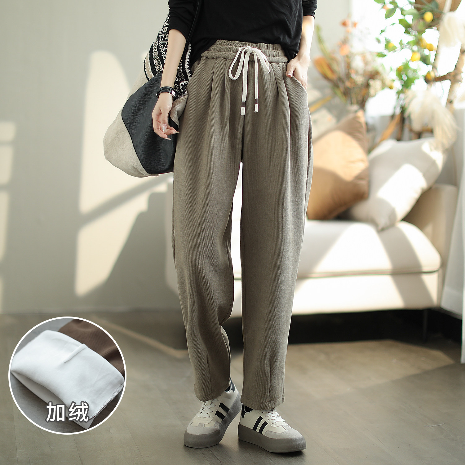 咖咪羽裤子原创文艺百搭松紧腰休闲裤女士纯色加绒时尚潮流哈伦裤