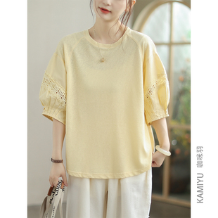 咖咪羽100%棉短袖女夏季2025新款镂空落肩袖时尚文艺女装上衣T恤