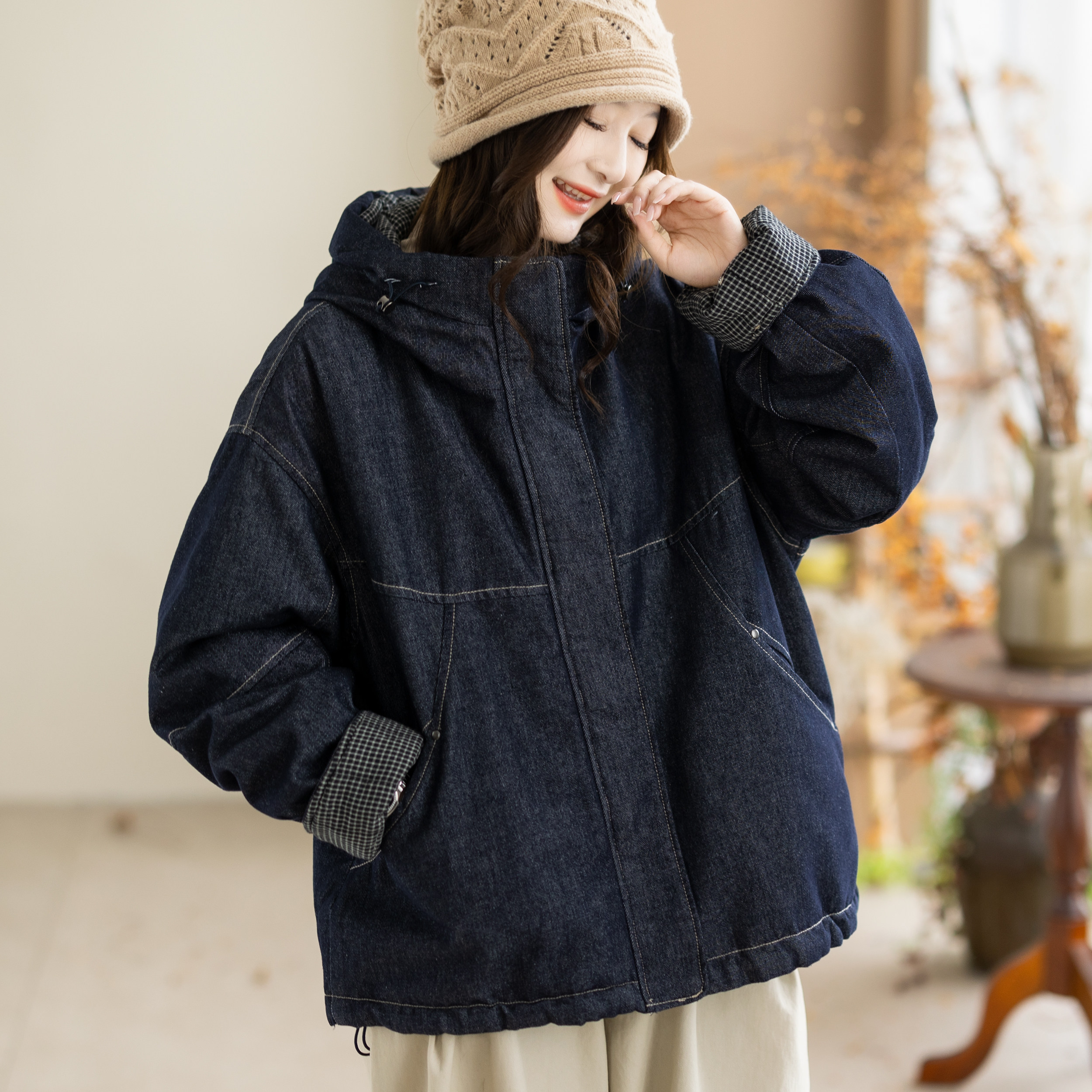 咖咪羽牛仔棉服女秋冬新款女士帽子复古拼接宽松洋气流行女装棉衣