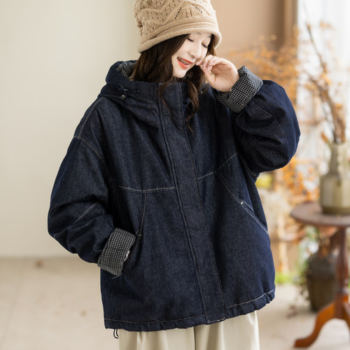 咖咪羽牛仔棉服女秋冬新款女士帽子复古拼接宽松洋气流行女装棉衣
