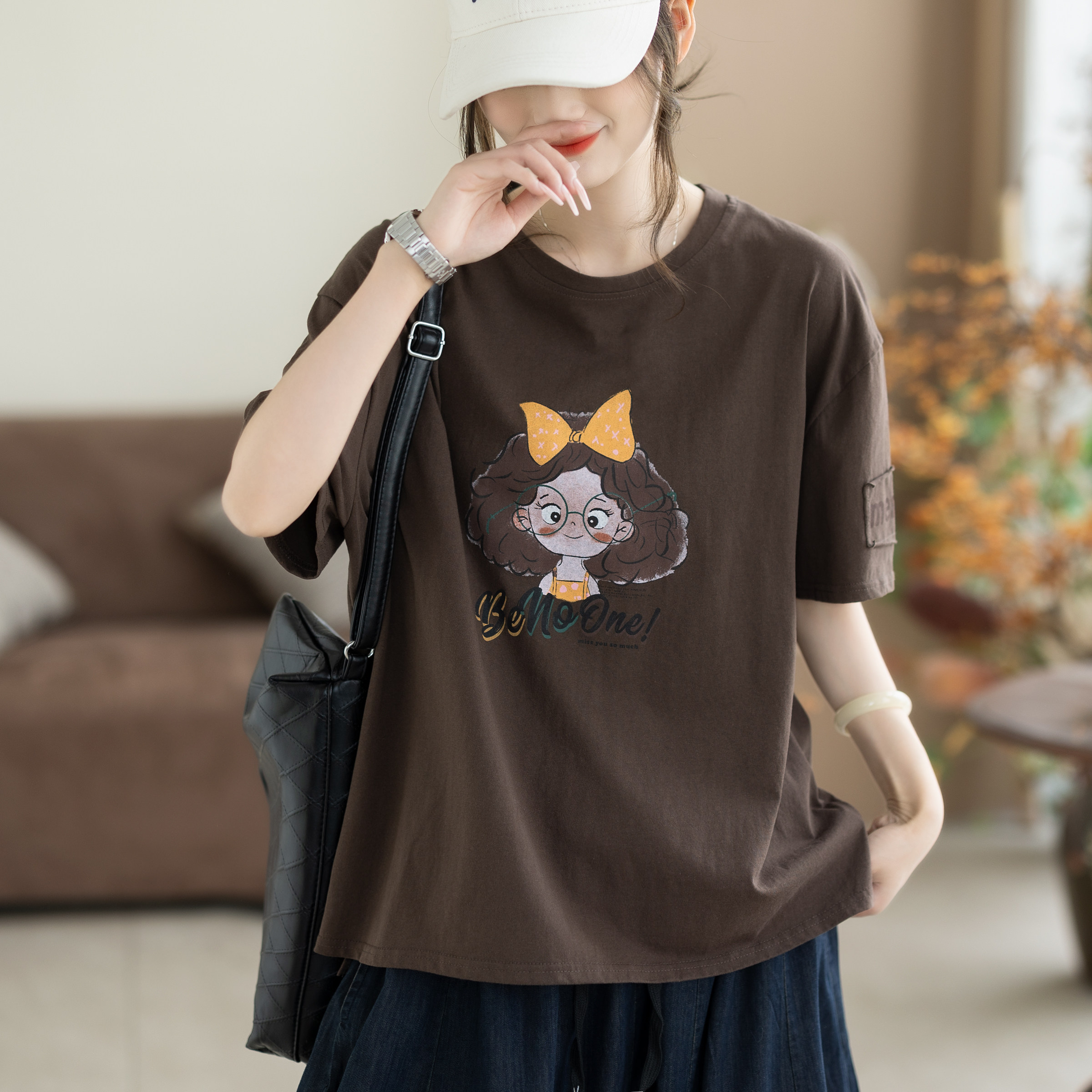咖咪羽女孩印花正肩短袖韩版穿搭设计感大码女装基础款上衣T恤女