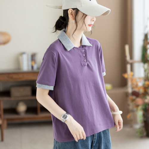 咖咪羽POIO领正肩女夏季时尚拼接撞色百搭洋气减龄宽松T恤上衣