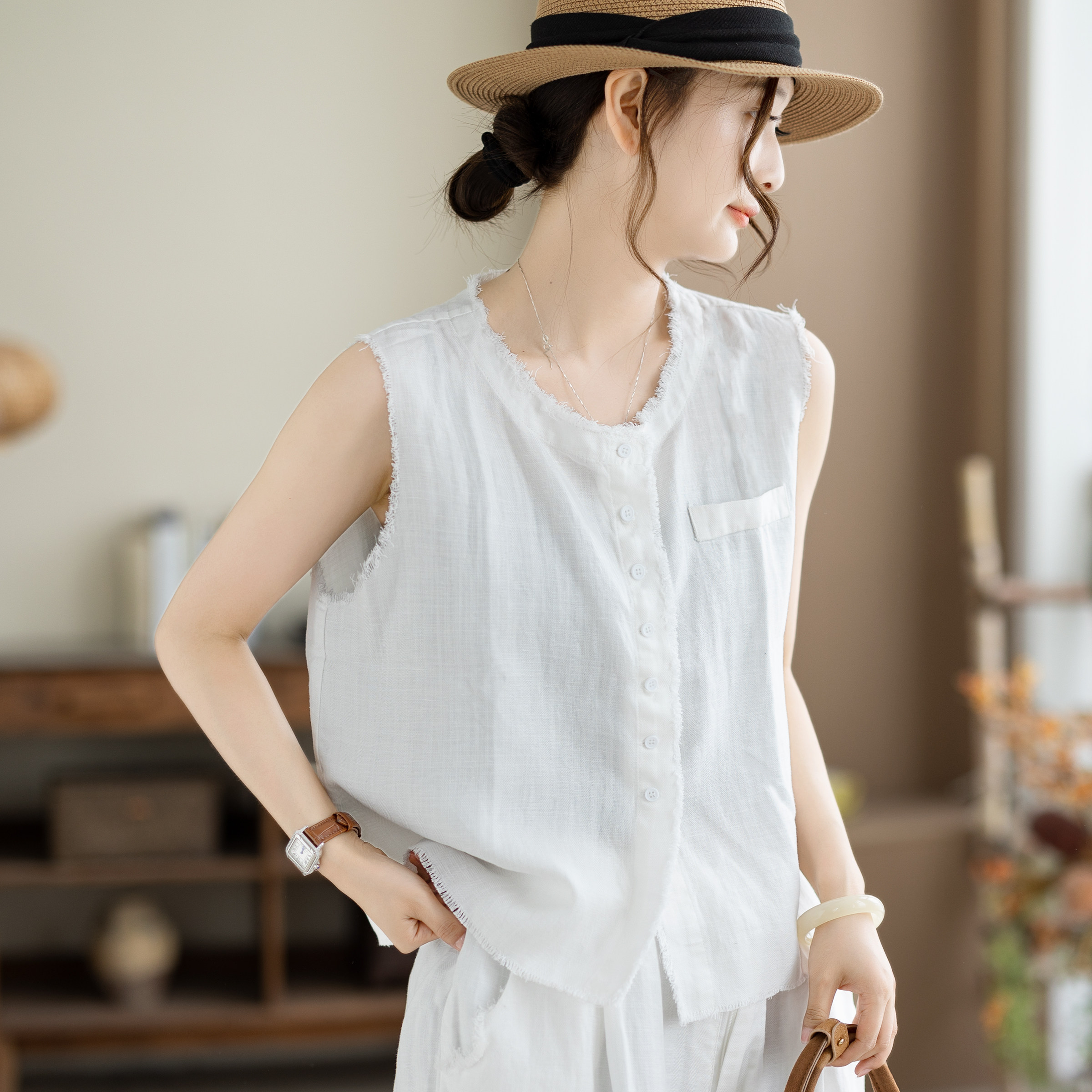 咖咪羽天丝亚麻2026夏季新款复古毛边百搭马夹裤子女宽松显瘦衣服