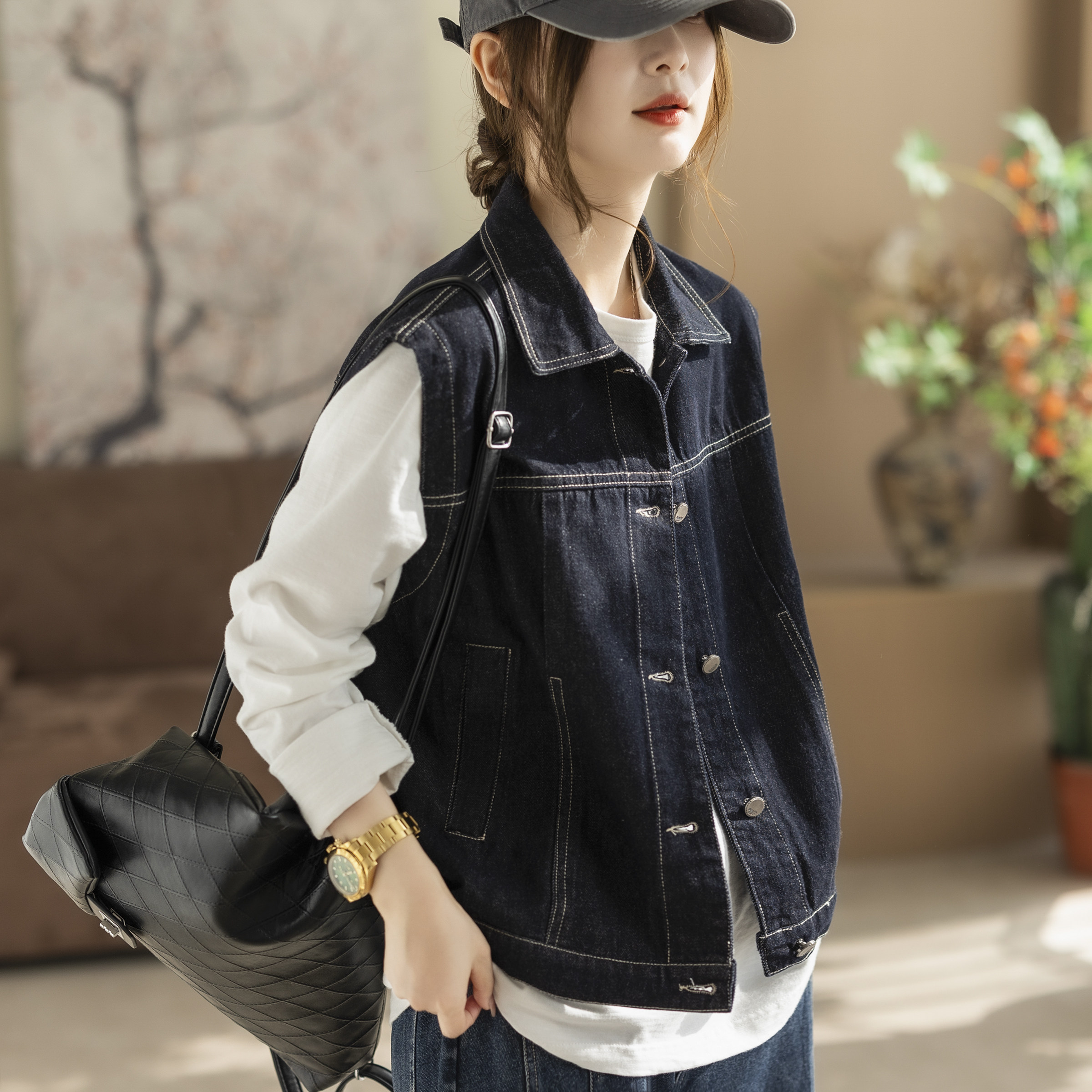 咖咪羽复古斜口袋拼接牛仔马夹春秋新款宽松洋气无袖坎肩上衣女