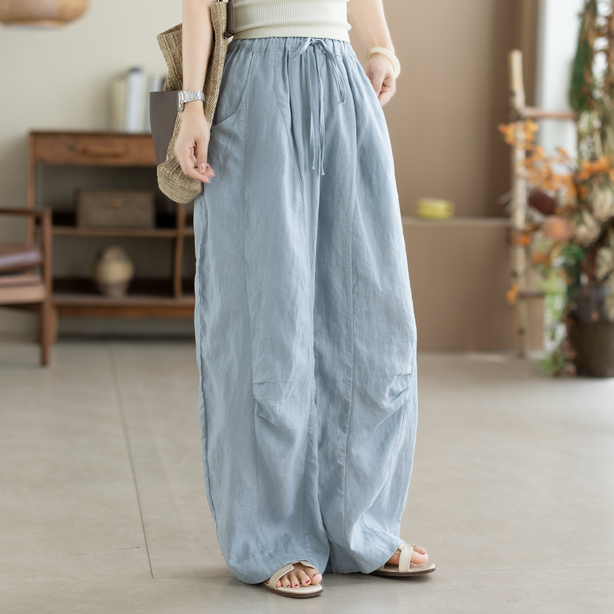 咖咪羽100%亚麻休闲裤女夏季新款时尚流行休闲好看直筒女装裤子女