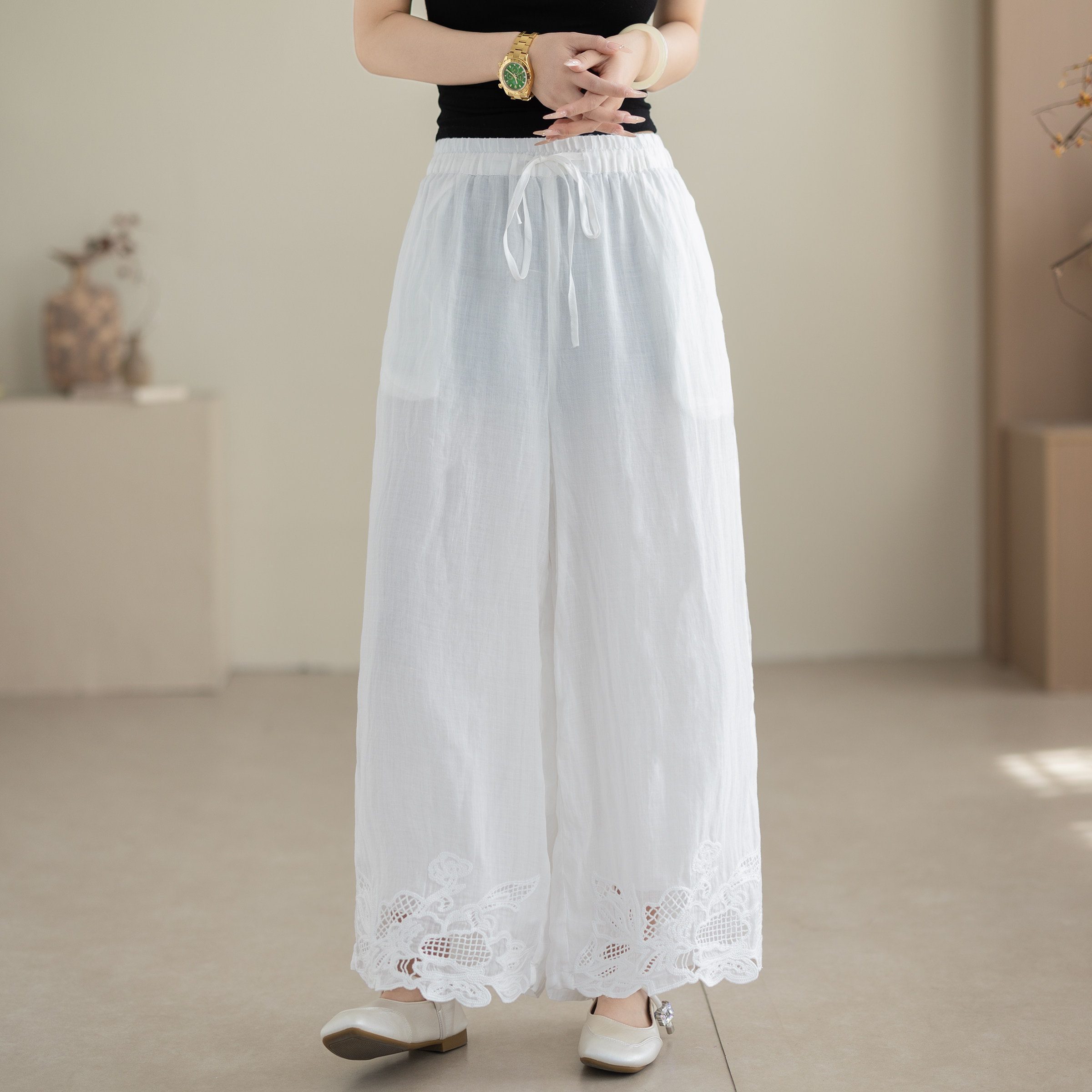 咖咪羽森系苎麻阔腿裤女夏重工刺绣花边宽松裤 透气棉麻休闲裤女