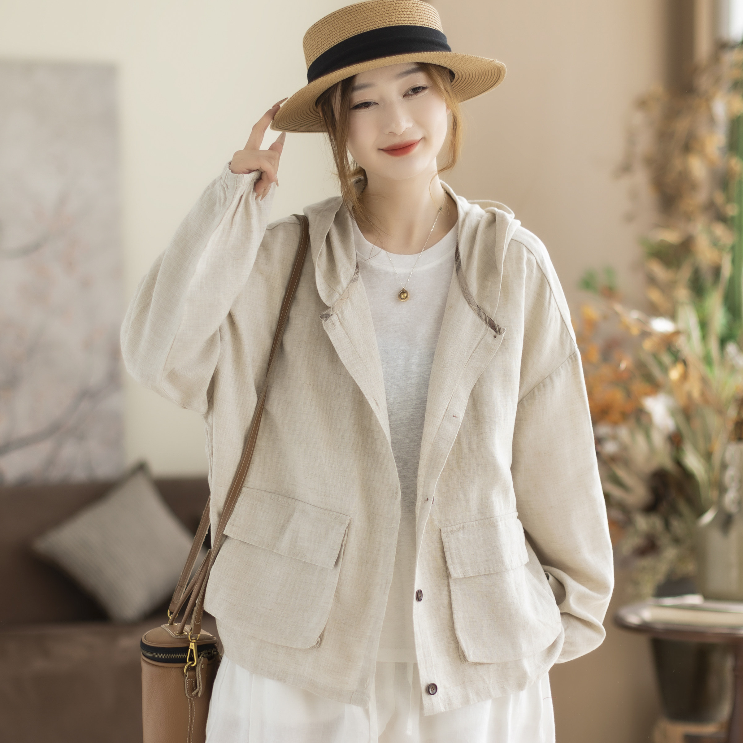 咖咪羽天丝麻大码女装连帽纯色麻衬衫宽松百搭休闲单排扣外套