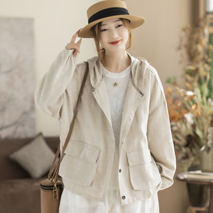 咖咪羽天丝麻大码女装连帽纯色麻衬衫宽松百搭休闲单排扣外套