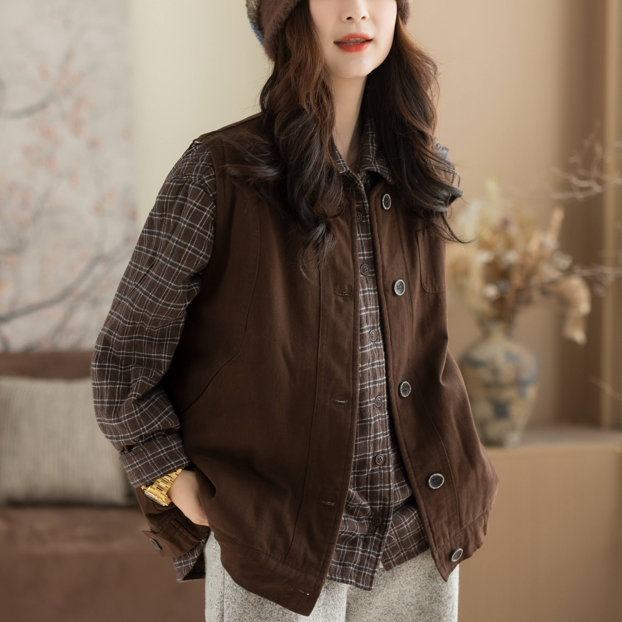 咖咪羽100%棉马甲女秋冬新款无袖坎肩女士流行复古纯色女装马夹