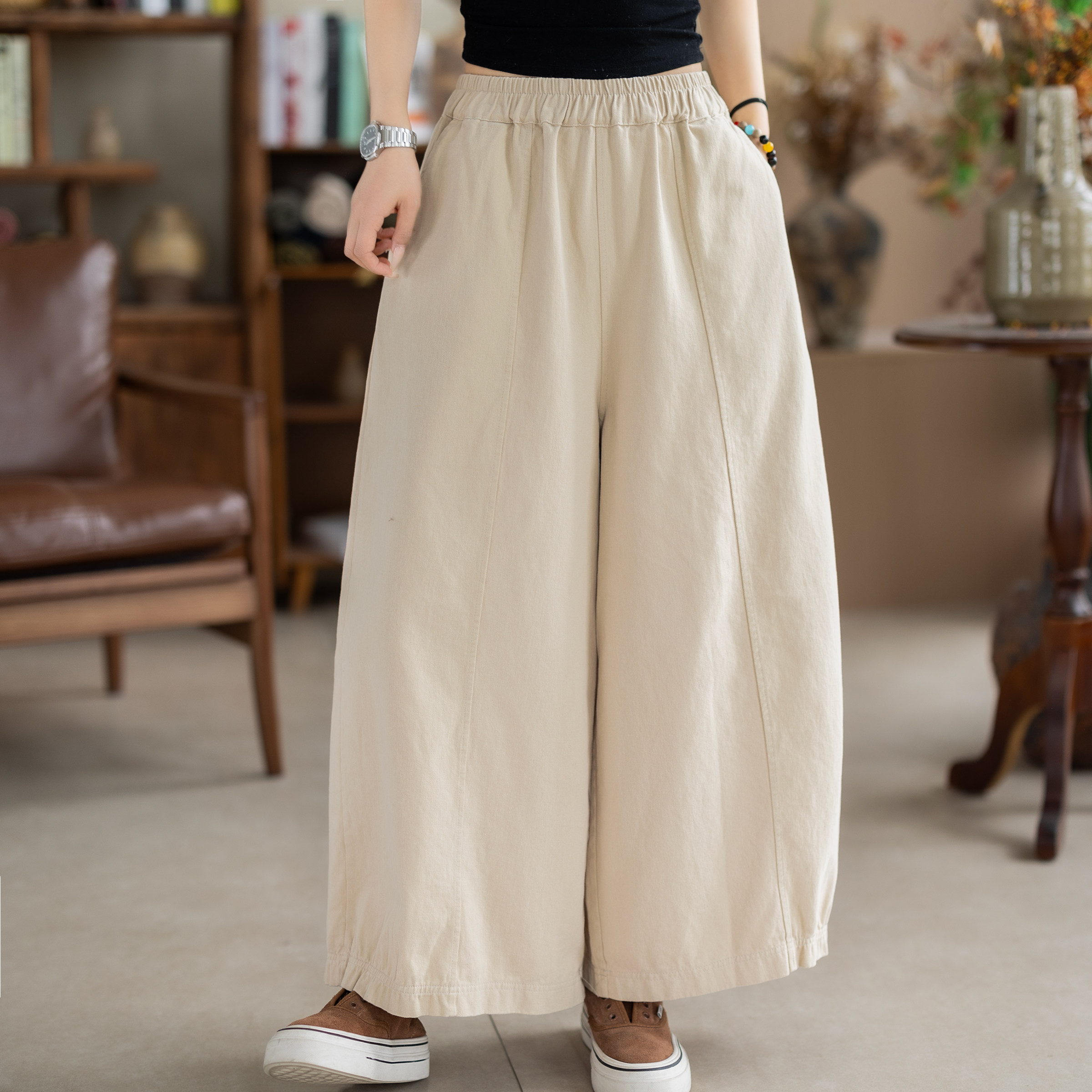 咖咪羽休闲裤女春秋新款女士阔腿裤棉质宽松拼接直筒百搭女装裤子