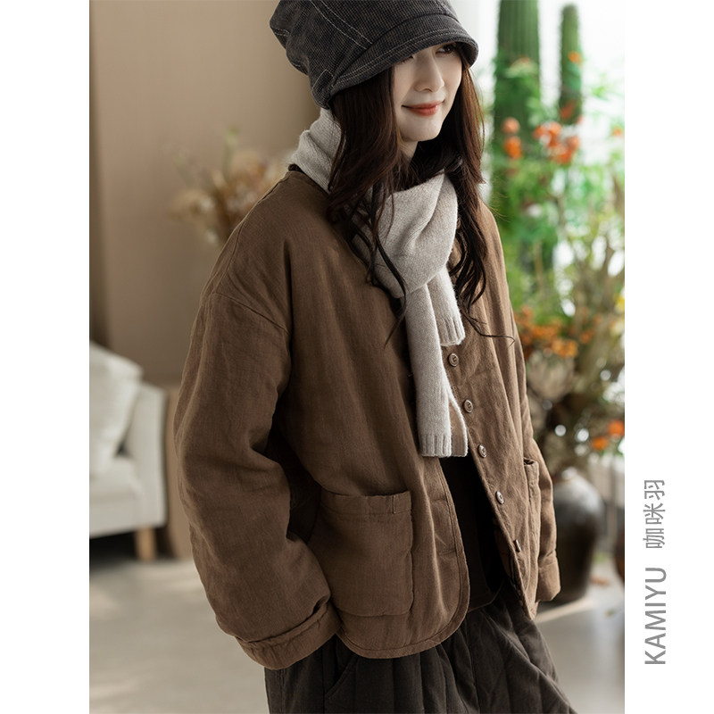 咖咪羽棉服女秋冬新款加厚100麻文艺纯色宽松女士通勤女装棉衣厚