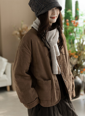 咖咪羽棉服女秋冬新款加厚100麻文艺纯色宽松女士通勤女装棉衣厚