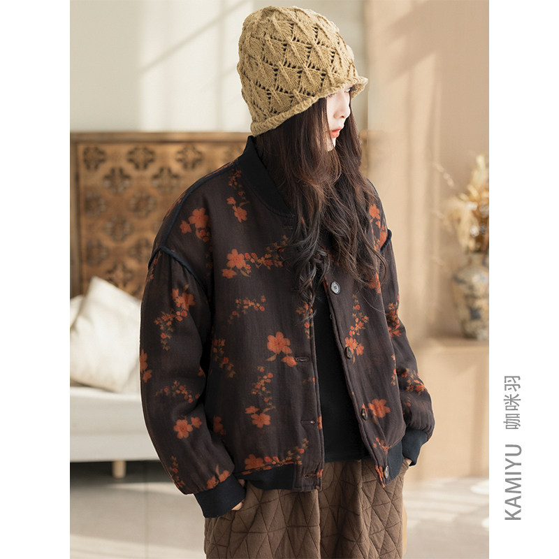 咖咪羽棉衣女秋冬新款文艺复古休闲印花加厚棉麻女装上衣外套棉服