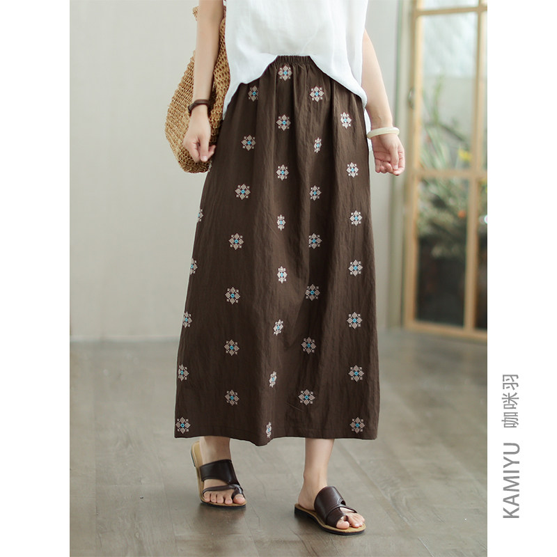 咖咪羽55%天丝半身裙夏季新款女式刺绣时尚宽松拼接文艺女装裙子