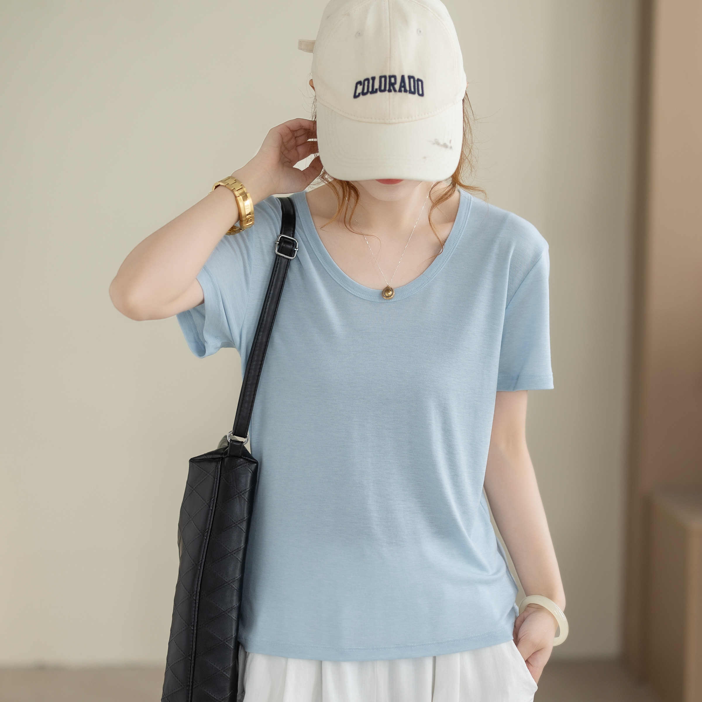 咖咪羽百搭灰T恤女夏季宽松 U领短袖女 大码显瘦基础款休闲上衣