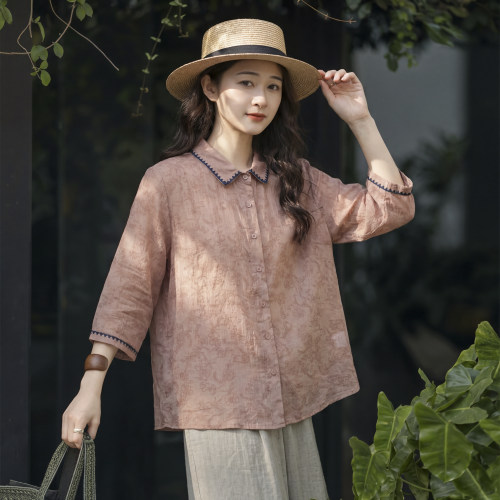 咖咪羽春夏新款印花苎麻衬衫女七分袖复古明线宽松女装上衣开衫