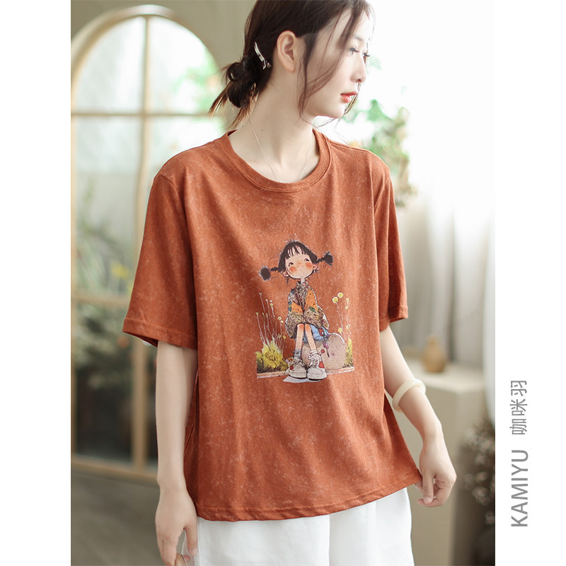 2025新款夏装女士上衣宽松圆领文艺卡通印花通勤纯色百搭时尚T恤