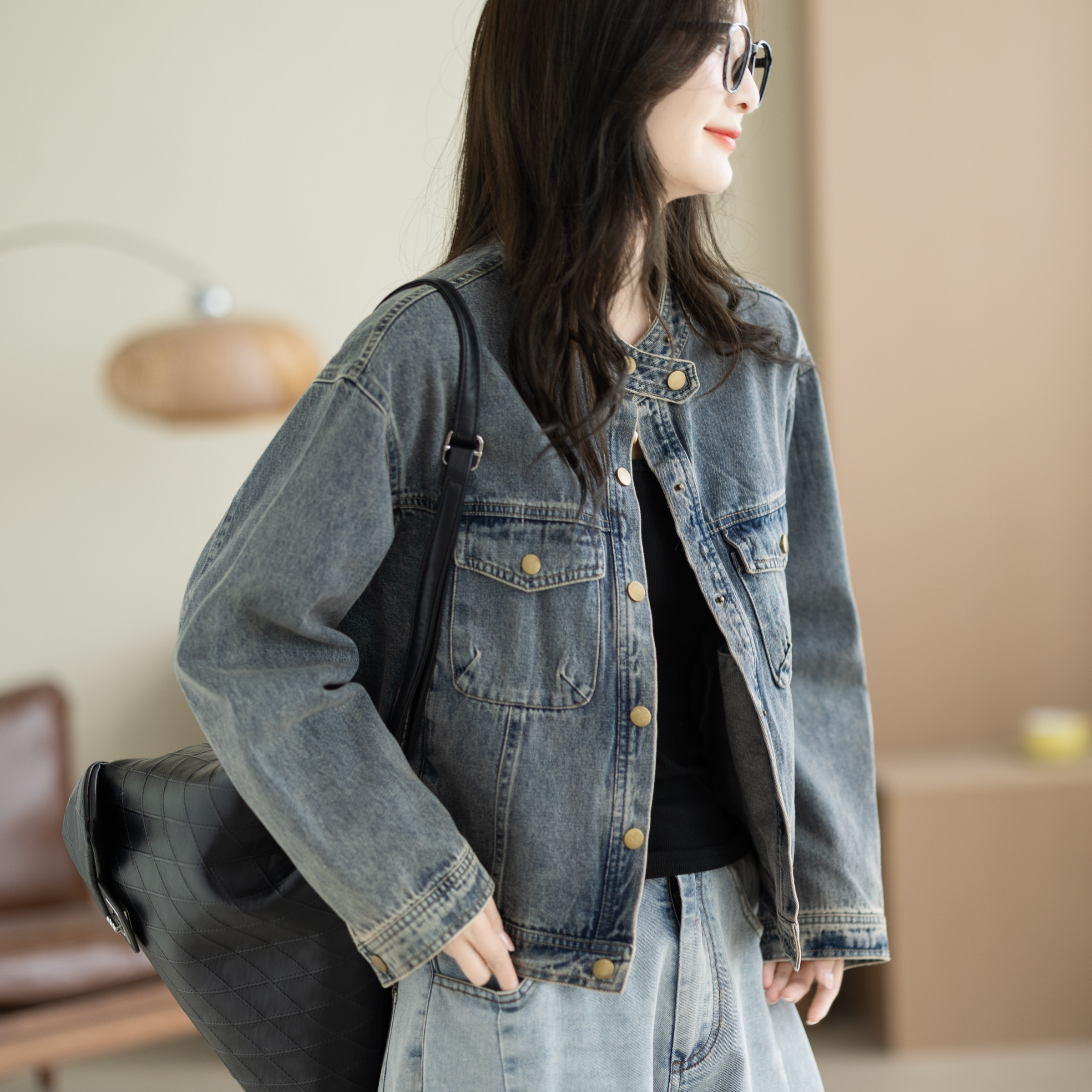 咖咪羽100%棉圆领牛仔外套女2026秋季宽松小个子短款显瘦百搭上衣