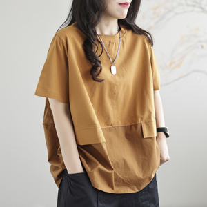 咖咪羽t恤女夏装女士上衣短袖拼接复古通勤显瘦t休闲时尚女装体恤