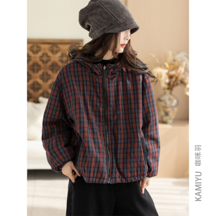 咖咪羽棉秋冬新款棉服休闲女士连帽两面穿格子百搭上衣外套