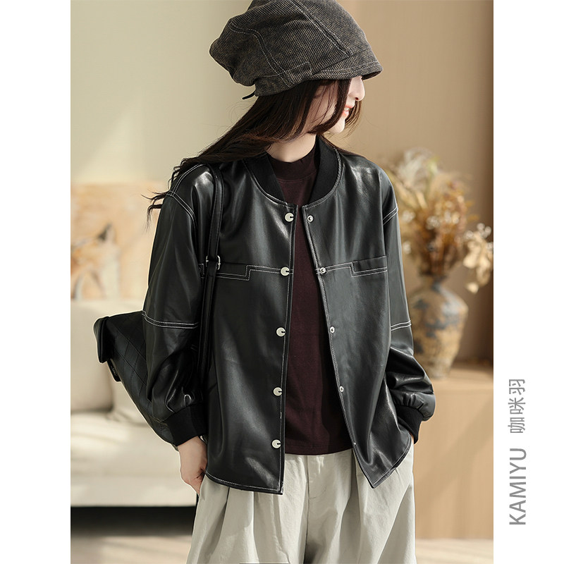 咖咪羽皮衣女春秋新款休闲女士宽松小个子黑色夹克显瘦女装外套女