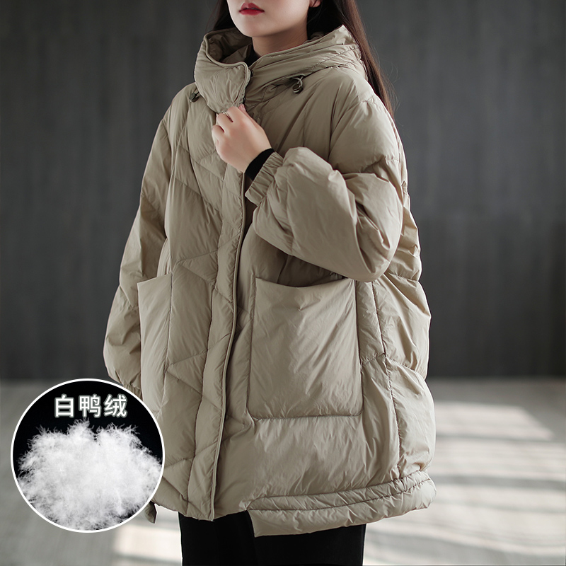 3咖咪羽2020冬季新款宽松大码文艺大口袋抽绳连帽90%白鸭绒羽绒服