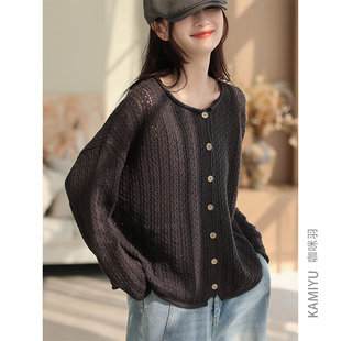 咖咪羽秋款圆领设计感纯色针织开衫宽松单排扣外套百搭上衣女