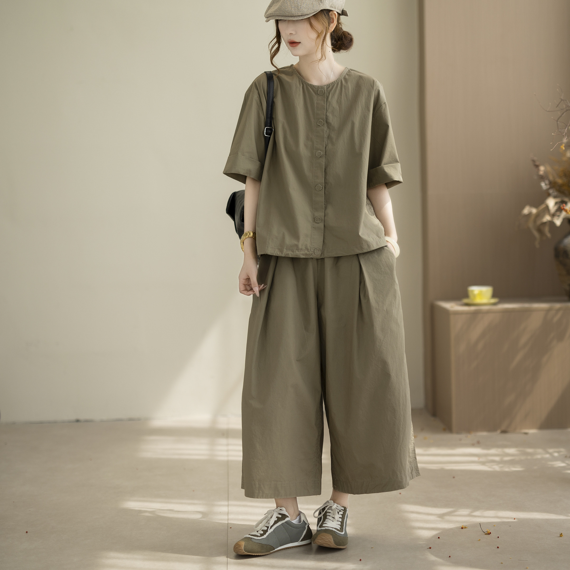 咖咪羽休闲棉麻套装女夏季新款宽松显瘦短袖衬衫阔腿裤女装两件套
