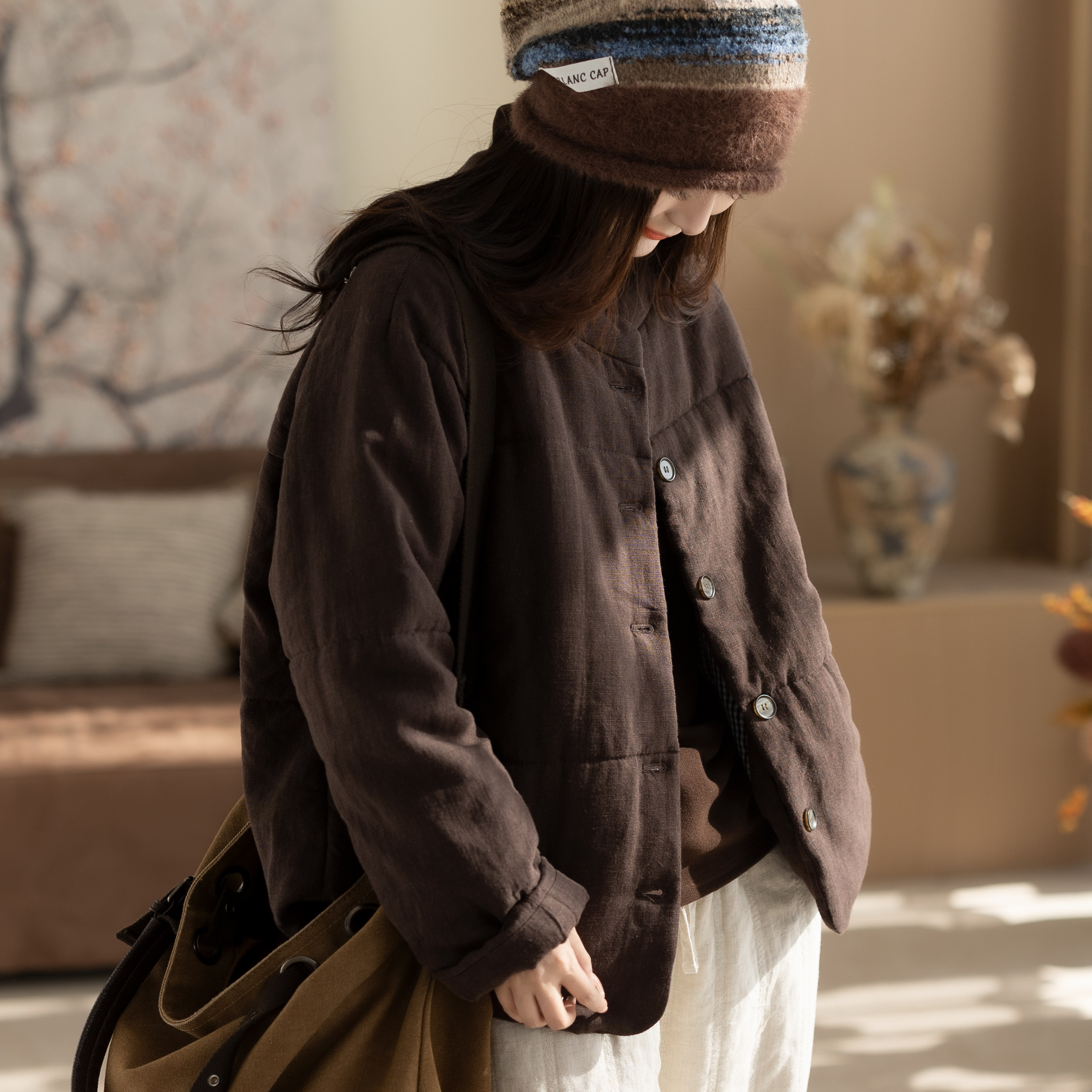 咖咪羽棉服女冬装新款汉麻休闲文艺女士宽松拼接通勤纯色女装棉袄