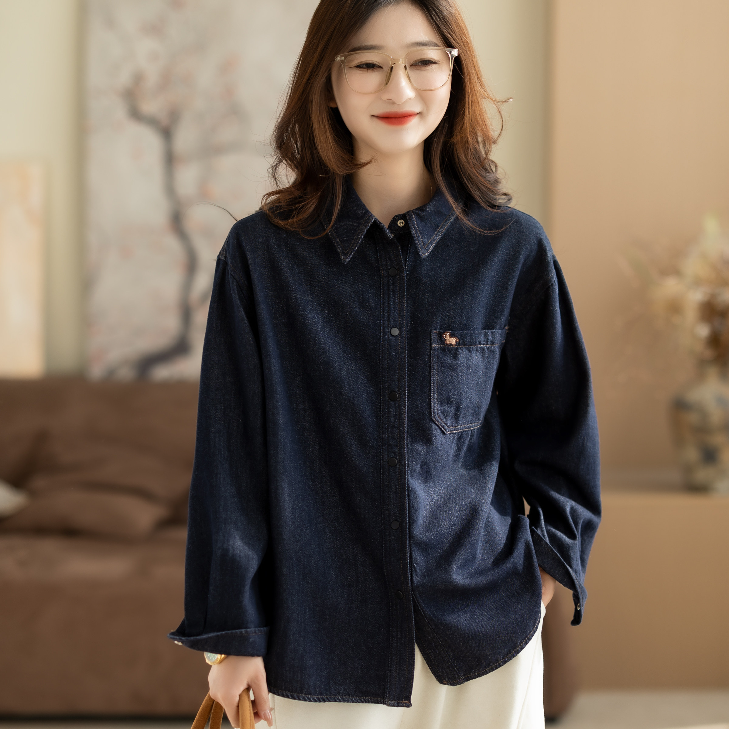 咖咪羽牛仔衬衫女秋冬新款文艺女士深蓝流行洋气气质通勤女装衬衣