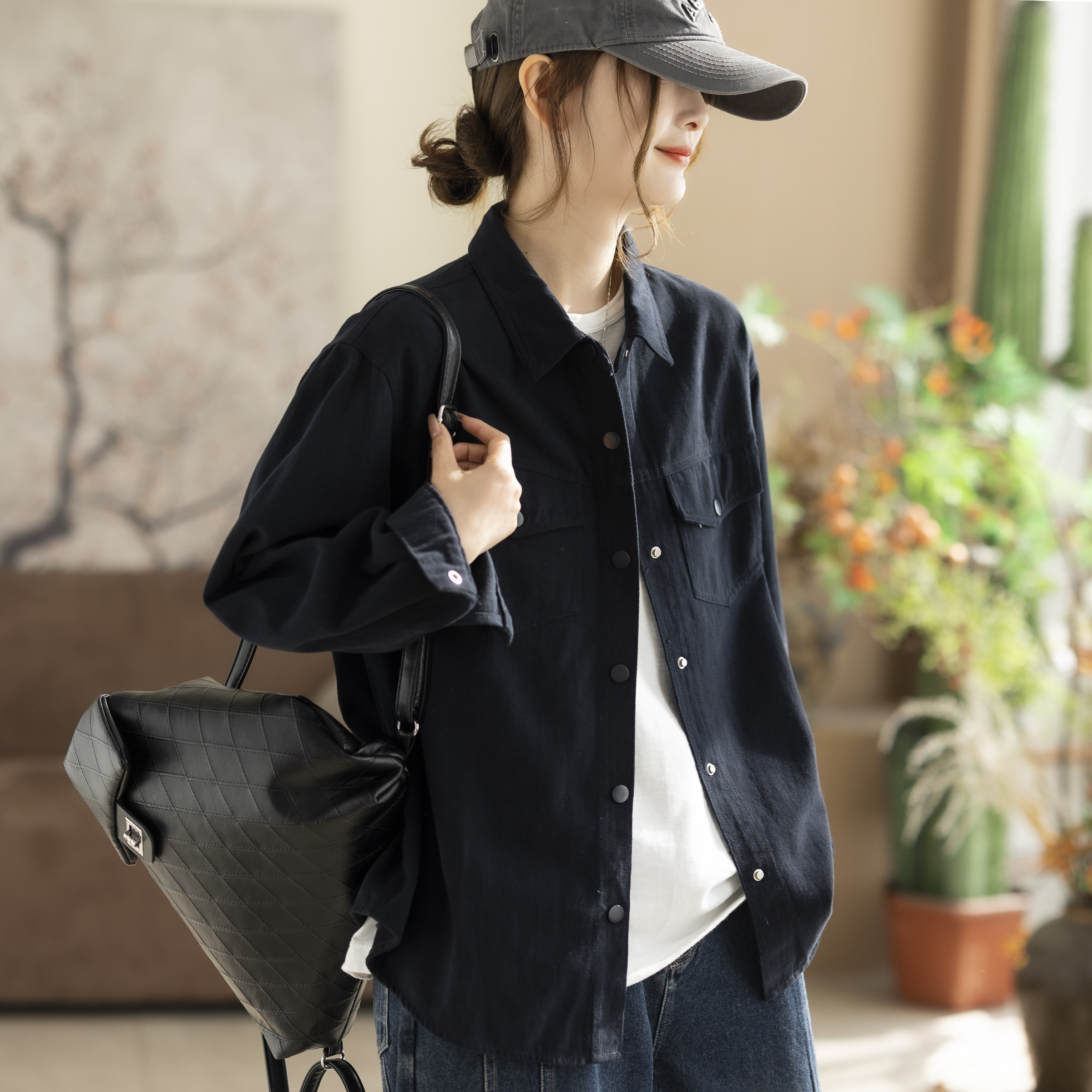 咖咪羽全棉加厚磨毛简约通勤长袖衬衫女春秋款宽松翻领休闲上衣