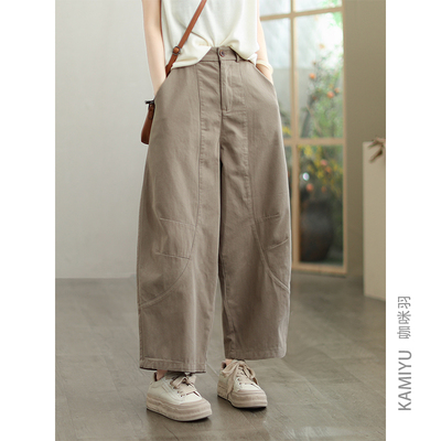 咖咪羽100%棉休闲裤女秋季女裤新款直筒时尚复古流行女装裤子女