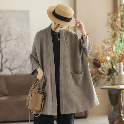 咖咪羽禅意天丝麻外搭春秋复古做旧女宽松落肩袖大码简约女开衫