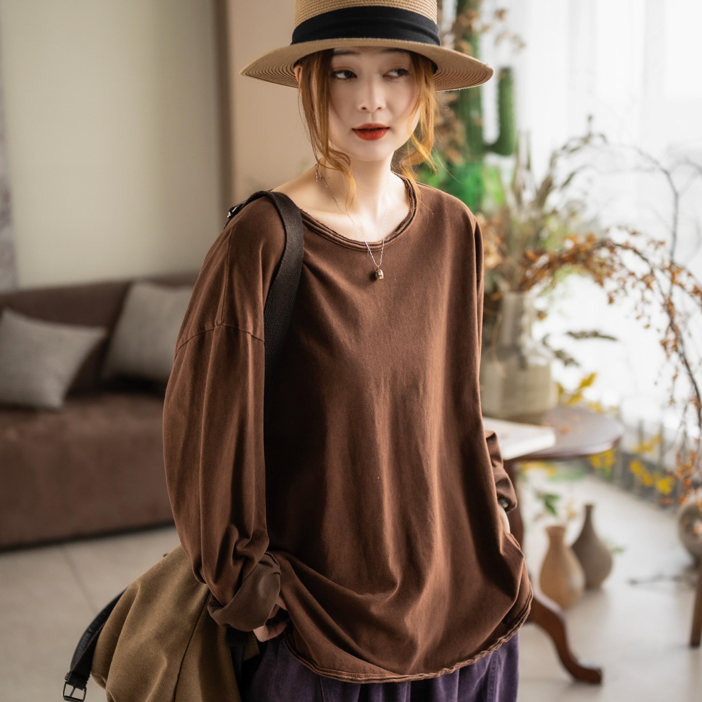 咖咪羽纯棉复古炒色卷边长袖T恤2026春款内搭宽松韩版百搭上衣