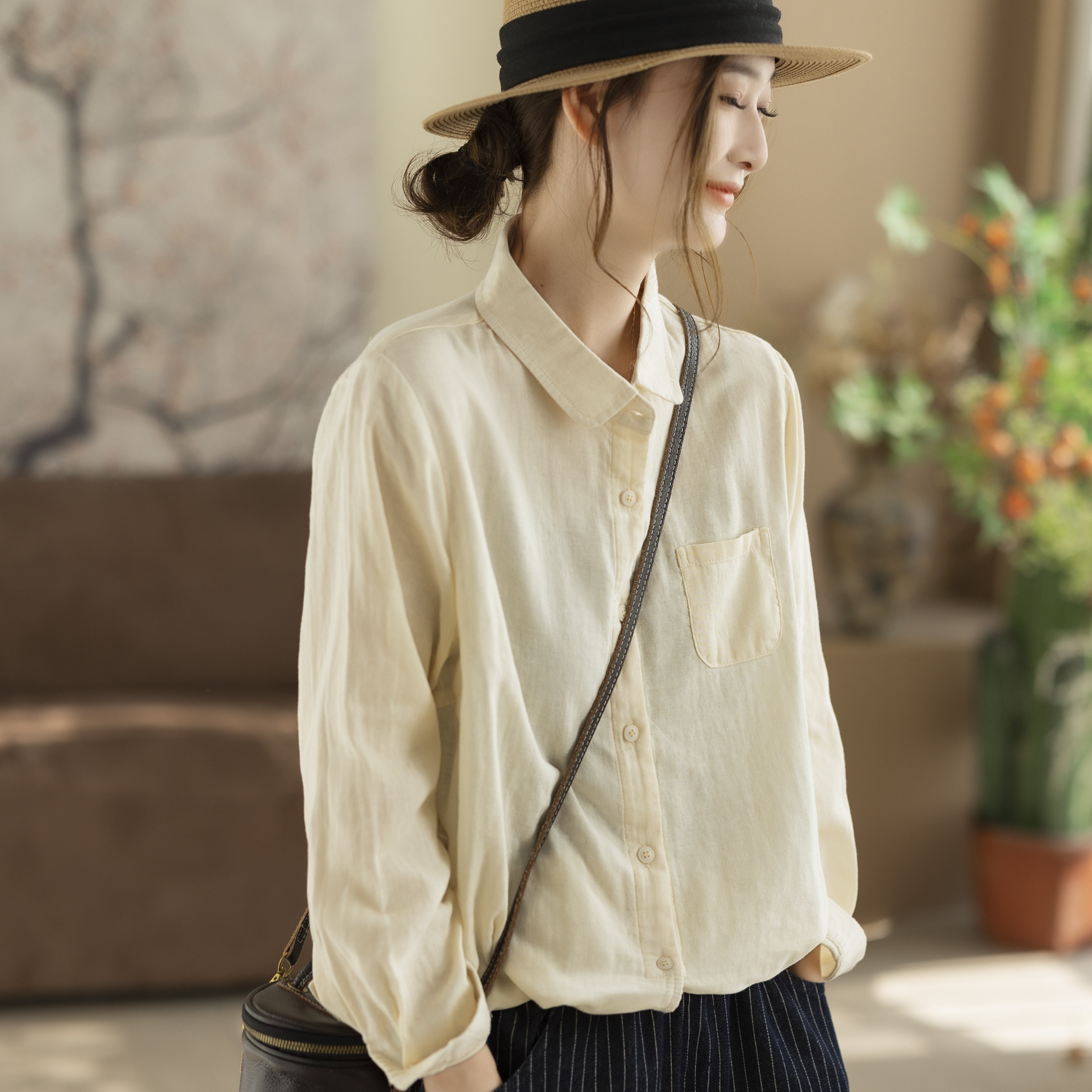 咖咪羽文艺宽松双层纱棉女春秋新款POLO领休闲上衣显瘦百搭衬衫