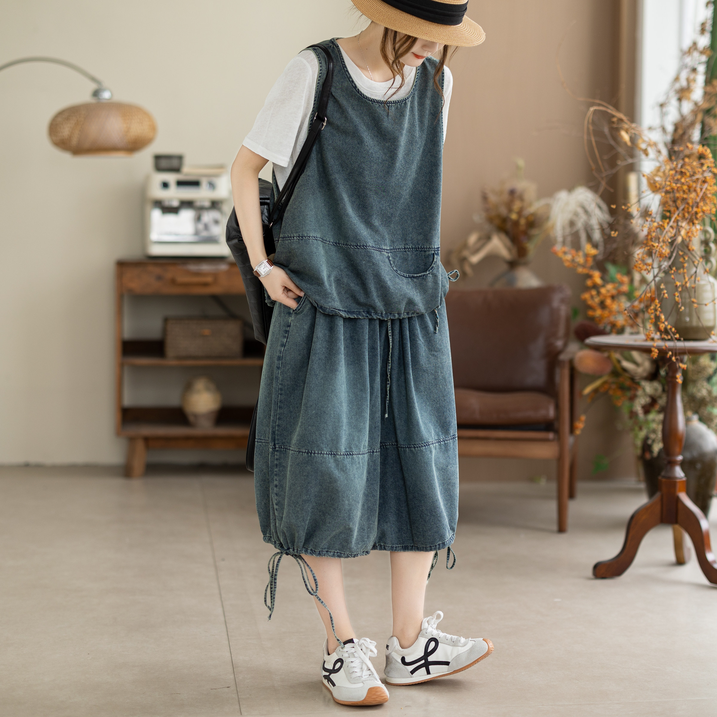咖咪羽马甲女夏季薄款水洗牛仔显瘦宽松休闲无袖背心阔腿裤两件套