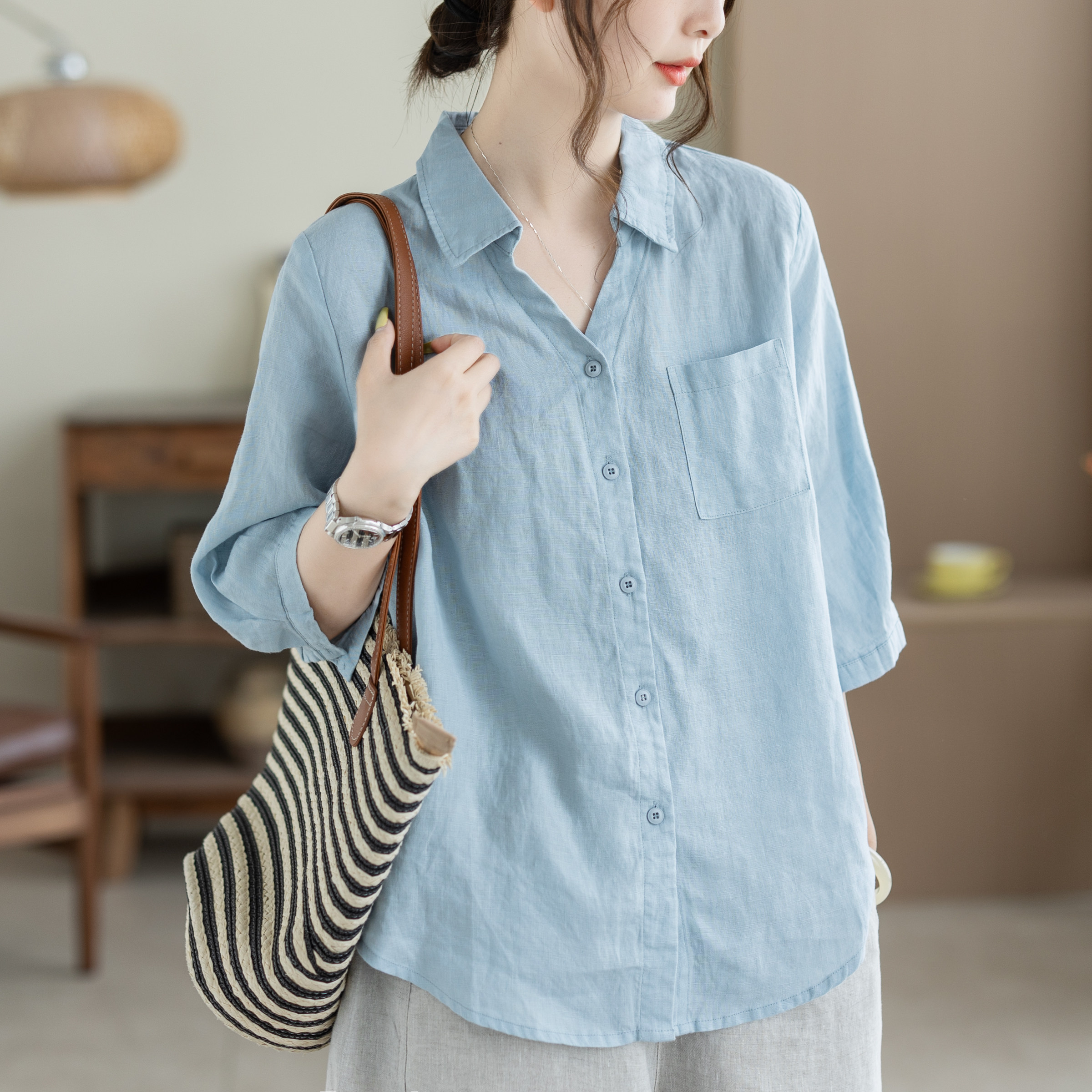 咖咪羽100%亚麻气质翻V领衬衫女夏季宽松气质韩版百搭中袖上衣