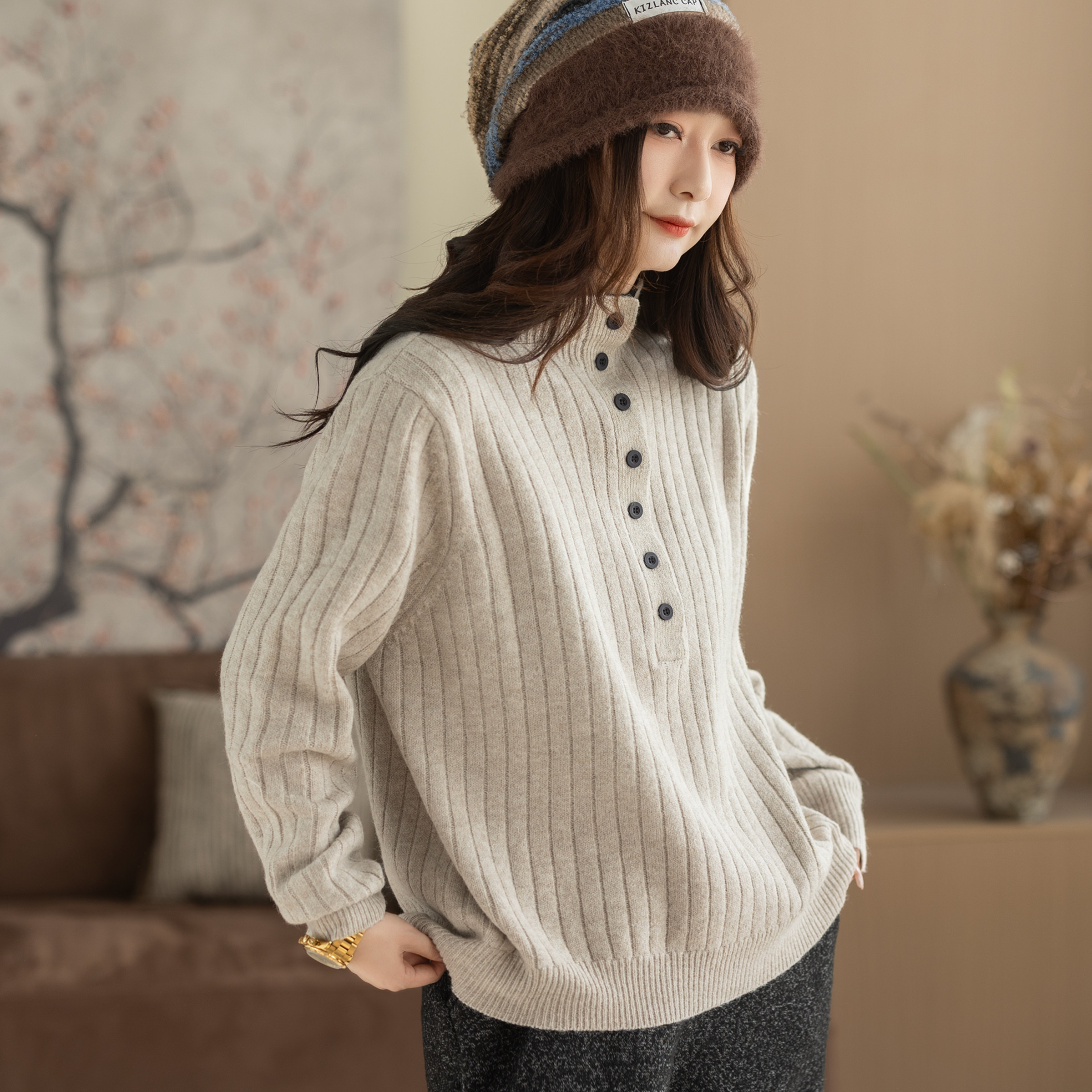 咖咪羽毛衣女秋冬新款女士文艺简约半高领复古羊毛流行女装上衣