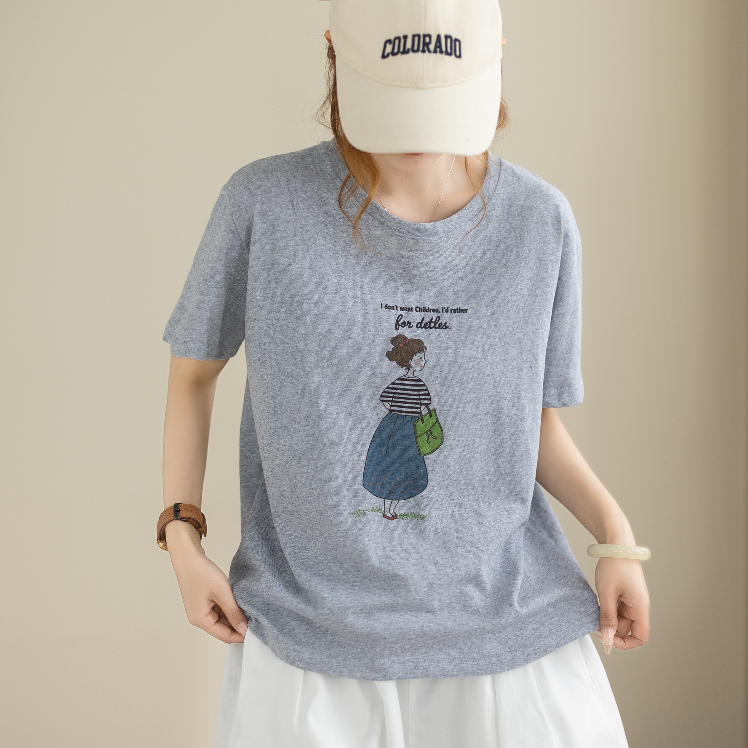 咖咪羽文艺复古印花短袖T恤女夏宽松显瘦大码休闲百搭棉感上衣