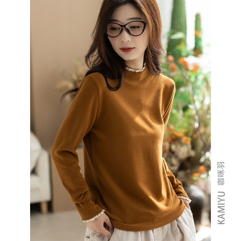 咖咪羽半高领花边拼接长袖德绒打底衫女2025秋冬韩版时尚保暖上衣