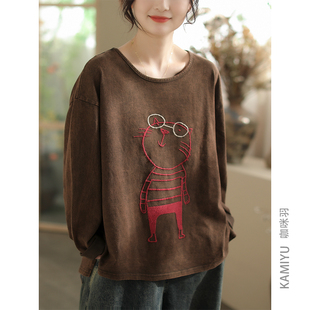 咖咪羽打底衫女春装新款休闲卡通印花原创全棉文艺女装长袖T恤女