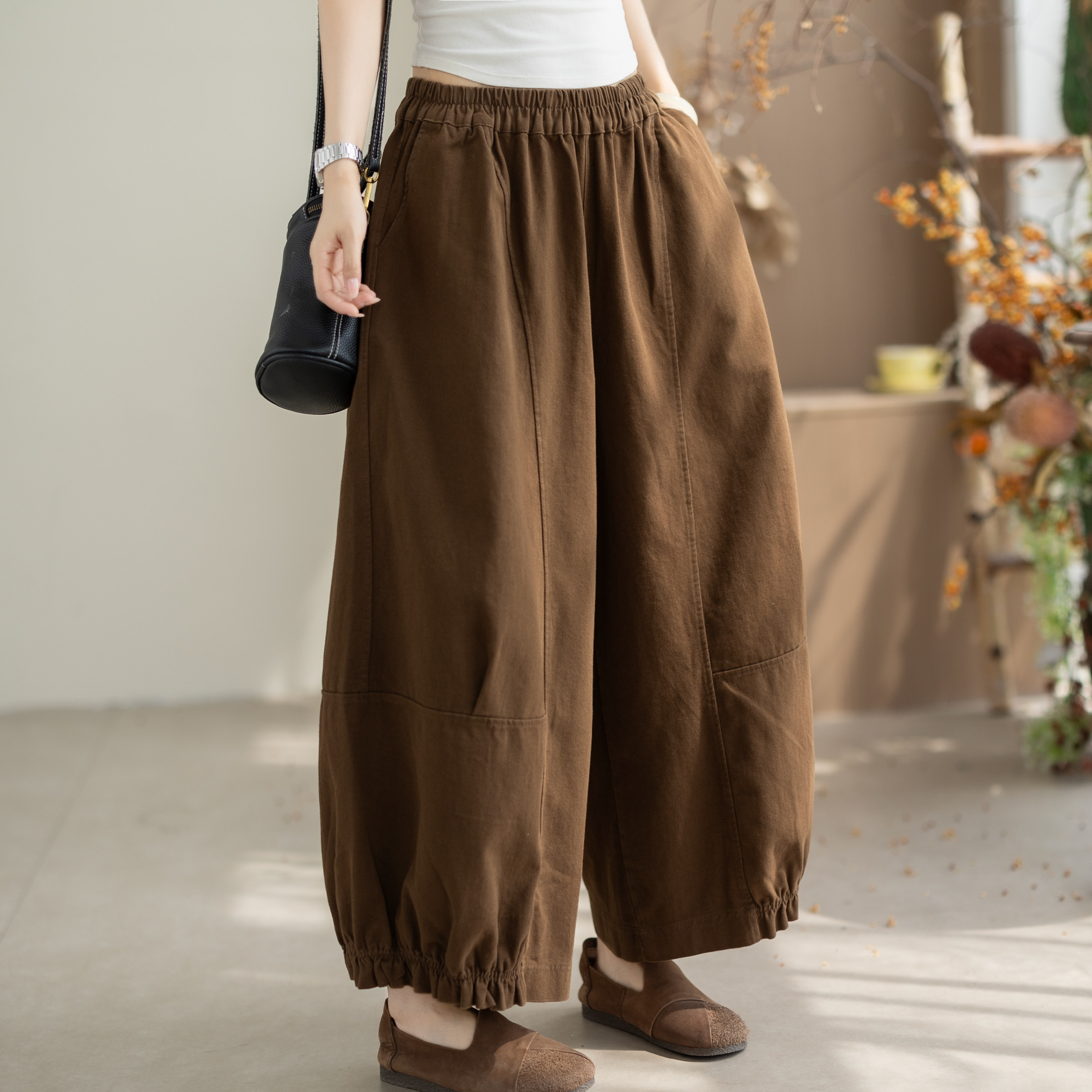 咖咪羽休闲裤女复古咖色灯笼裤女秋季拼接洋气休闲宽松女装萝卜裤