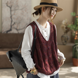 咖咪羽马甲女春秋新款V领无袖女士棉线复古百搭通勤女装上衣马夹