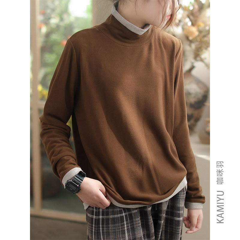 咖咪羽新款打底衫女原创高领假两件宽松棉质百搭复古撞色拼接内搭
