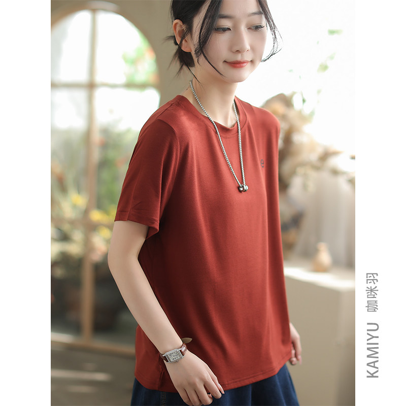 咖咪羽100%棉夏装新款纯色圆领复古百搭时尚显瘦女装上衣T恤女