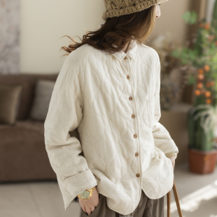 咖咪羽复古菱形格纹棉衣新款宽松保暖夹棉百搭显瘦翻领外套女