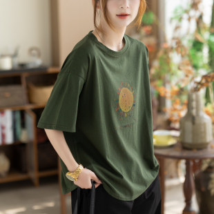 咖咪羽日系复古太阳图案T恤女夏款宽松大码遮肉显瘦短袖上衣潮