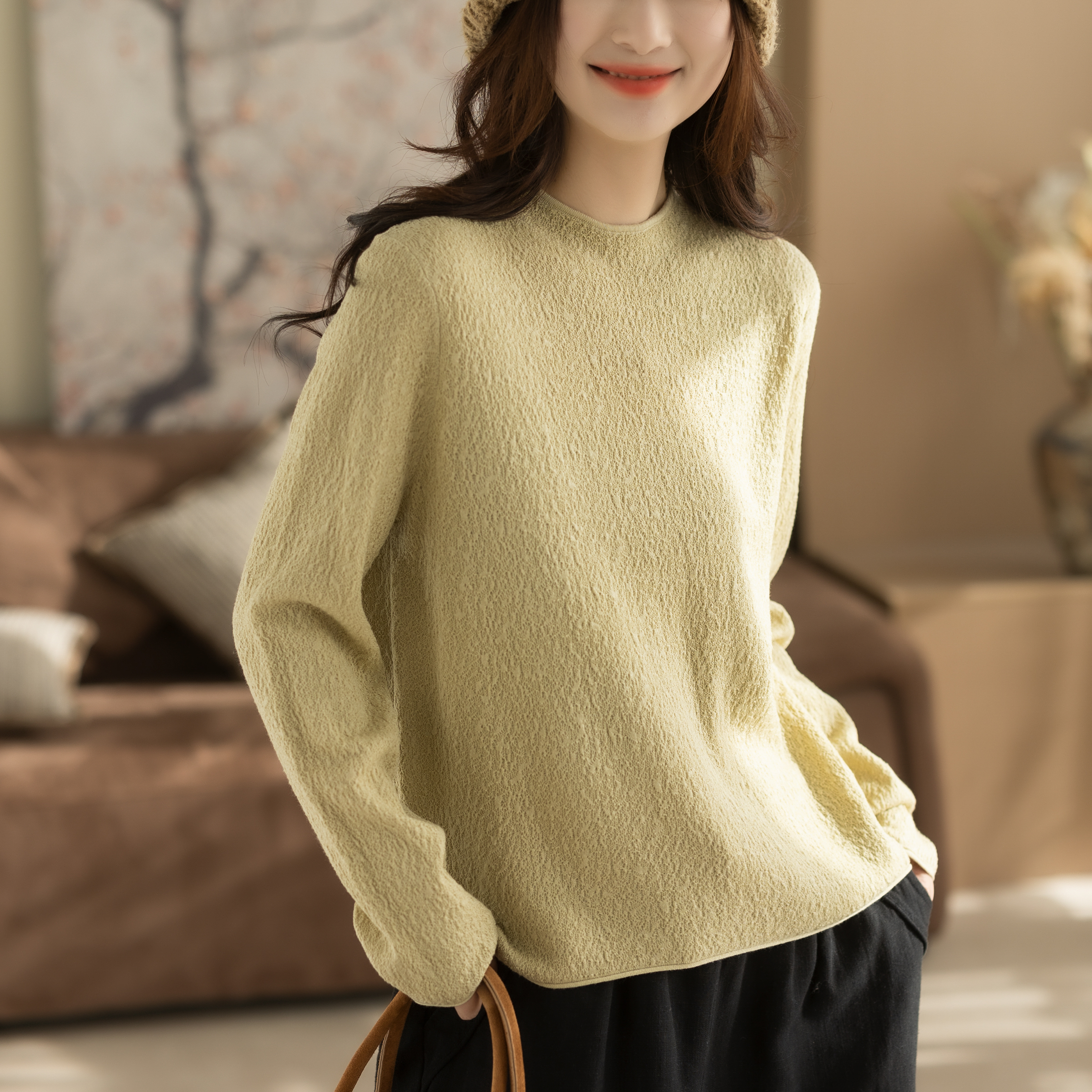 咖咪羽打底衫女30%天丝休闲圆领通勤羊绒复古宽松流行好看女装潮