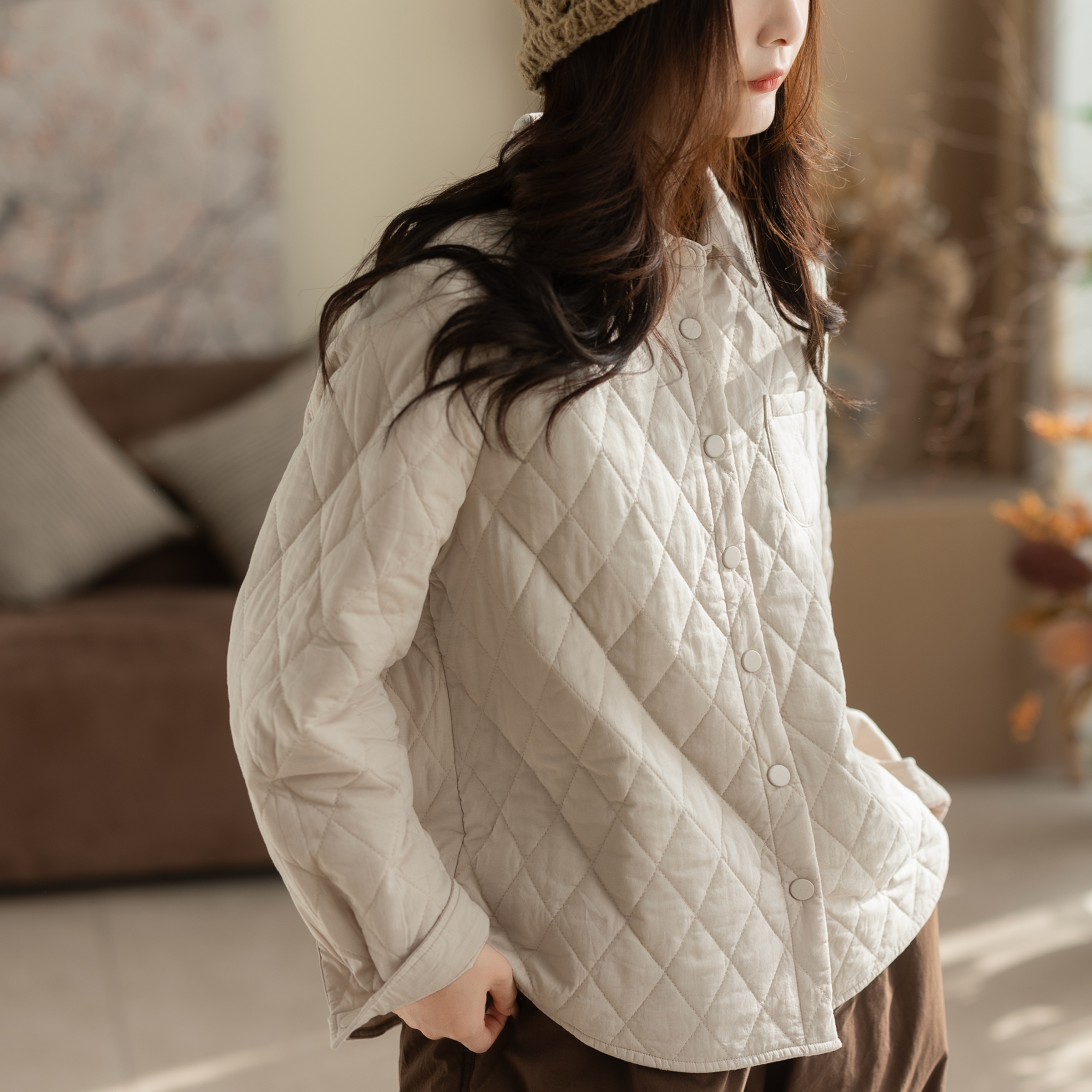 咖咪羽100%棉冬季新款文艺休闲菱形格百搭复古简约流行女装棉服女