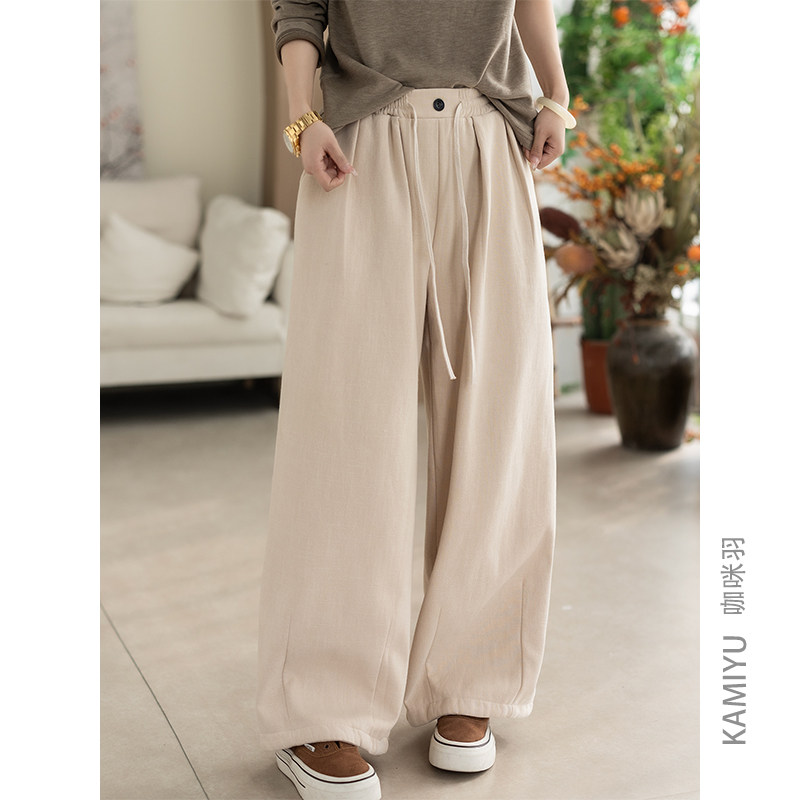 咖咪羽休闲裤女秋冬新款加绒加厚宽松直筒女士流行纯色女装麻裤厚